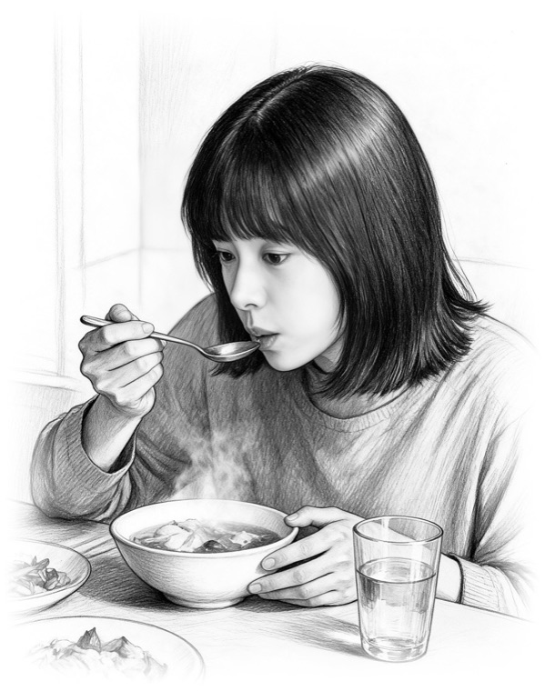 Pencil drawing of a woman blowing on a spoonful of hot soup